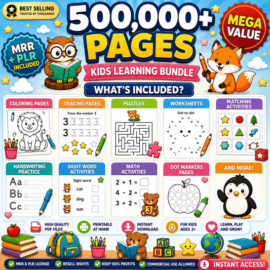 Over 500,000 educational resources for children (PLR/MRR, resale rights), including printable pages, a coloring book, worksheets, games and number activities.