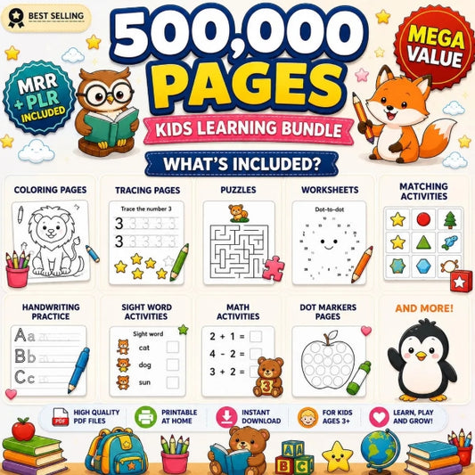 Over 500,000 educational resources for children (PLR/MRR, resale rights), including printable pages, a coloring book, worksheets, games and number activities.