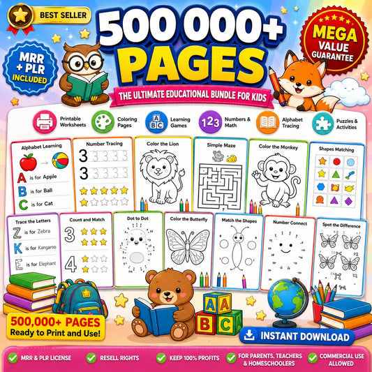 Over 500,000 educational resources for children (PLR/MRR, resale rights), including printable pages, a coloring book, worksheets, games and number activities.