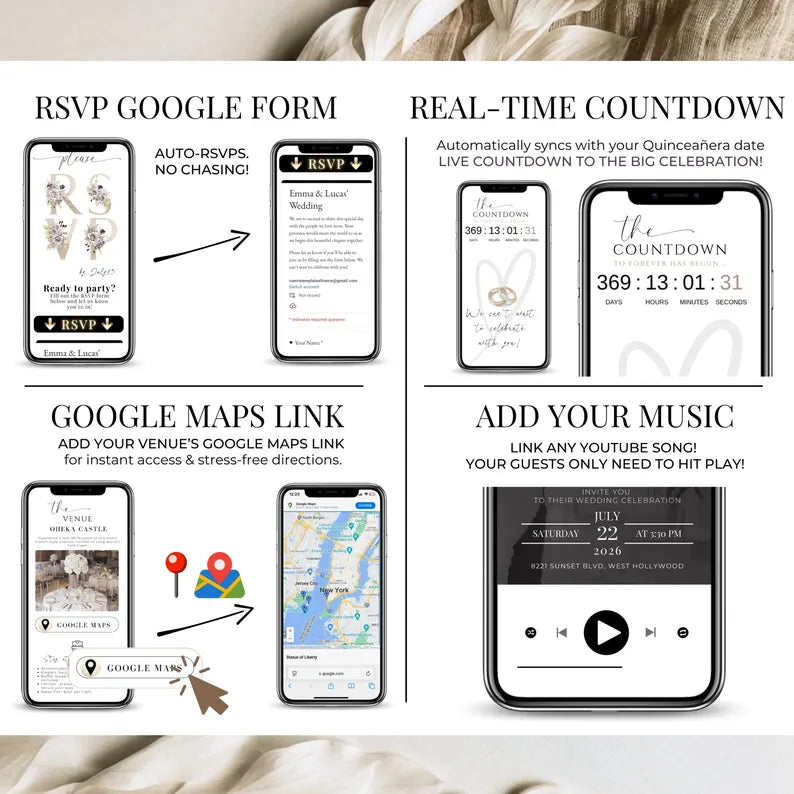 Wedding RSVP Invite Digital Wedding Invitation with Embedded Countdown Timer, Trackable RSVP and Map, Canva Template Website Wedding Evite