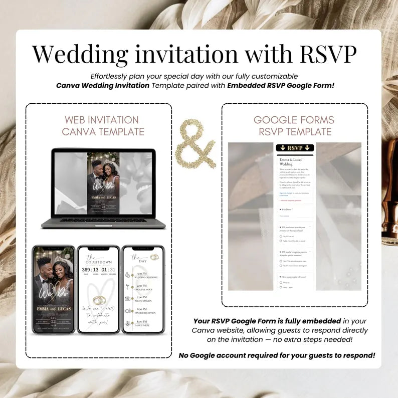 Wedding RSVP Invite Digital Wedding Invitation with Embedded Countdown Timer, Trackable RSVP and Map, Canva Template Website Wedding Evite